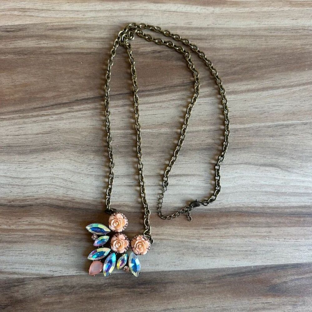 Peach Rose Flower Statement Necklace AB Rhinestone Crystal Gold Tone Floral